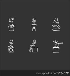 Hot food steam chalk white icons set on black background. Fastfood good smell. Prepared snack smoke. Aromatic french fries. Takeaway coffee heat swirls. Isolated vector chalkboard illustrations