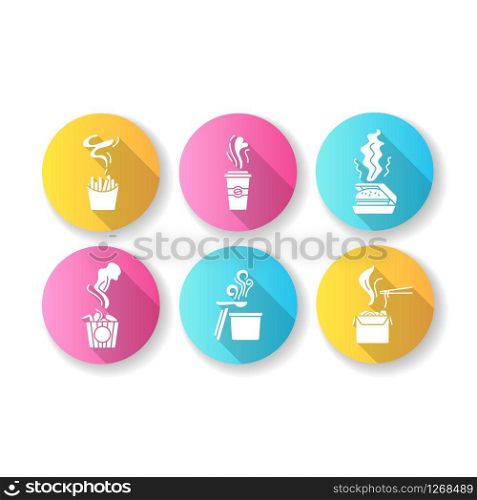 Hot food steam flat design long shadow glyph icons set. Fastfood good smell. Prepared snack smoke. Aromatic french fries, burger. Takeaway coffee heat swirls. Silhouette RGB color illustration