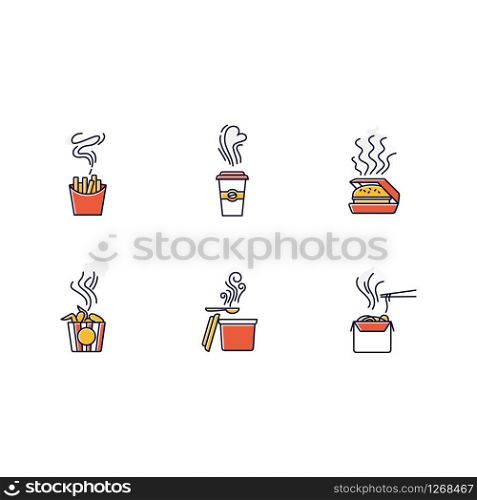 Hot food steam RGB color icons set. Fastfood good smell. Prepared snack smoke. Aromatic french fries, burgers and noodles Takeaway coffee heat swirls. Isolated vector illustrations