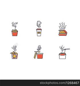 Hot food steam RGB color icons set. Fastfood good smell. Prepared snack smoke. Aromatic french fries, burgers and noodles Takeaway coffee heat swirls. Isolated vector illustrations
