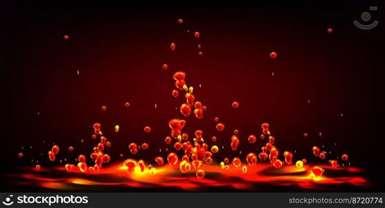 Hot liquid lava splash with flying red drops. Abstract background of seething molten magma surface with splatter. Orange fluid texture with rising bubbles, vector realistic illustration. Hot liquid lava splash with flying red drops