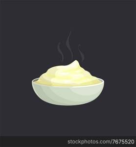 Hot mashed potato in bowl isolated realistic icon. Vector vegetarian food, streaming puree on white plate. Ready to eat mushed nutrition potato with milk or butter, Belarusian or Ukrainian cuisine. Puree or streaming mashed potato on white plate