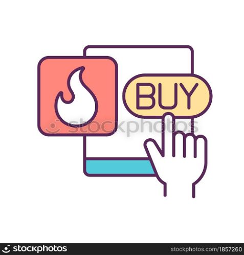 Hot offer RGB color icon. Special proposal. Marketing and promotion. Online purchase. Impulsive and spontaneous buying. Consumerism. Isolated vector illustration. Simple filled line drawing. Hot offer RGB color icon