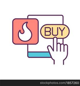 Hot offer RGB color icon. Special proposal. Marketing and promotion. Online purchase. Impulsive and spontaneous buying. Consumerism. Isolated vector illustration. Simple filled line drawing. Hot offer RGB color icon