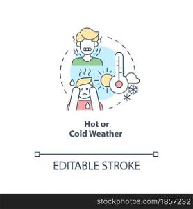 Hot or cold weather concept icon. Drink plenty of water. Prevention of moisture loss. Dehydration abstract idea thin line illustration. Vector isolated outline color drawing. Editable stroke. Hot or cold weather concept icon