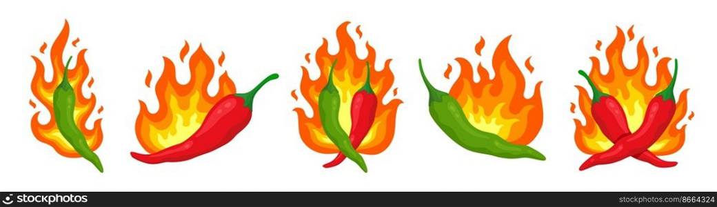 Hot pepper labels. Chilli peppers sticker, flaming eating sauce. Menu spicy logo, vegetables in fire. Mexican cuisine, cartoon racy cayenne vector set of spicy pepper, hot food chili. Hot pepper labels. Chilli peppers sticker, flaming eating sauce. Menu spicy logo, vegetables in fire. Mexican cuisine, cartoon racy cayenne vector set