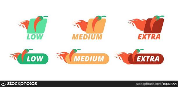 Hot pepper labels. Pepperiness low, medium and extra levels. Hot chilli peppers restaurant menu symbols vector set. Spice level taste, mexican level spicy illustration. Hot pepper labels. Pepperiness low, medium and extra levels. Hot chilli peppers restaurant menu symbols vector set
