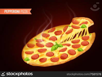 Hot pizza with piece composition with realistic images of whole pepperoni with slice and editable text vector illustration