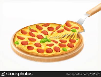 Hot pizza with piece on board realistic composition with images of round wooden carving board with pizza vector illustration