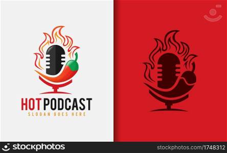 Hot Podcast Logo Design. Podcast Microphone Combined with Red Chili Peppers and Fire Design Concept.