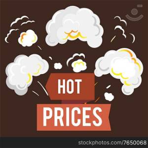 Hot price and sale, deal and offer, special tag or badge, business promotion. Steaming sign or smoke clouds, shopping discount and price reduction. Big off, red ribbon and vapor vector illustration. Sale and Hot Price, Steaming Shopping Discount
