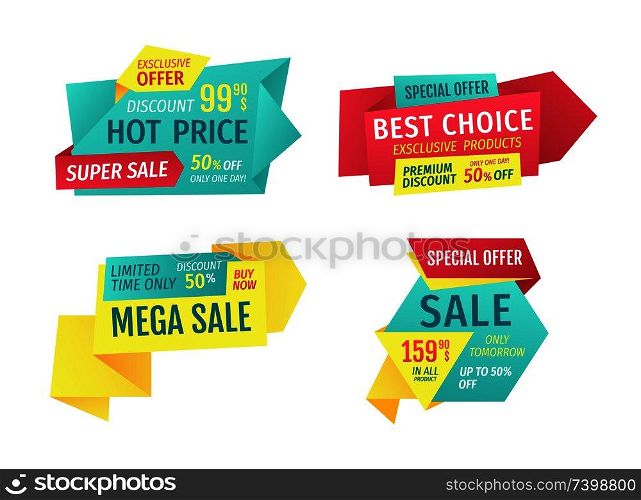 Hot price, best choice, mega super sale promotion and advert banners. Special exclusive offer only one day premium discount and buy now catchphrases.. Catchphrases for Shop Sale Advertisement Banners