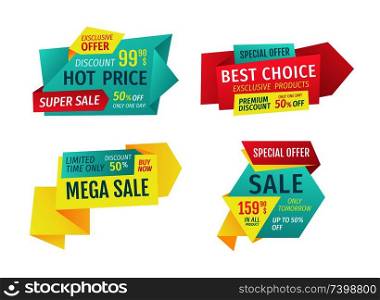 Hot price, best choice, mega super sale promotion and advert banners. Special exclusive offer only one day premium discount and buy now catchphrases.. Catchphrases for Shop Sale Advertisement Banners