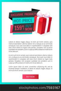 Hot price, buy now exclusive product on sale web page template vector. Giftbox with bow, saving money by buying presents on discounts offer, promo banner. Hot Price, Buy Now Exclusive Product on Sale Label
