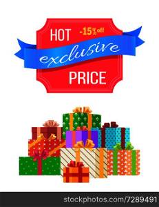 Hot price exclusive sale card vector illustration with colorful gift boxes with cute ribbons and bows, promotion text on red sticker with blue ribbon. Hot Price Exclusive Sale Card Vector Illustration