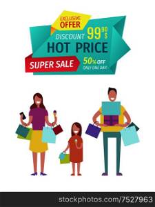 Hot price offer super discount buy now. Family returning from shopping holding bags and gifts. People eating ice-cream happy buyers adult child vector. Hot Price Offer Super Discount Vector Illustration