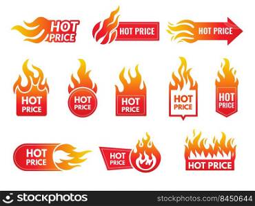 Hot price. Promotional badges with stylized flame shopping sales deals and discount for retailers perfect offers recent vector logo collection. Illustration of badge hot price. Hot price. Promotional badges with stylized flame shopping sales deals and discount for retailers perfect offers recent vector logo collection
