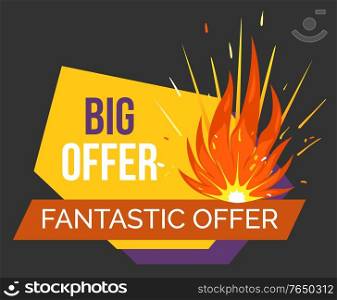Hot price, reduction of cost promotional banner with explosion. Discount with star symbolizing rate. Discount in store on black friday. Sale proposal from shops and stores for shoppers, vector in flat. Hot Price Lowering of Price Promotional Banner