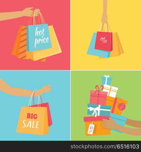 Hot Price Vector Concept in Flat Design. Big sale hot price in woman clothing store. Color shopping paper bags hanging on a female hand flat vector. Black friday. For seasonal sales and discounts promotions design. Boxes with gifts in hand