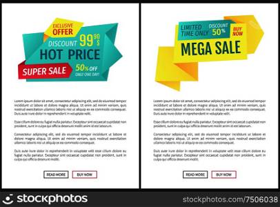 Hot prices and mega sale set posters and text. Exclusive natural products limited time only special offers deals and propositions. Buy now vector. Hot Price and Mega Sale Set Vector Illustration