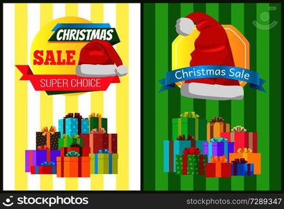 Hot prices Xmas sale poster Santa Claus hat on discount label, mountains of gift boxes on striped green yellow backgrounds vector emblems collection. Hot Prices Xmas Sale Poster Santa Claus Hat Label