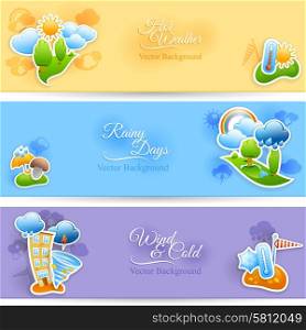 Hot rainy and cold windy days seasonal weather background flat horizontal banners set abstract isolated vector illustration. Weather background banners set