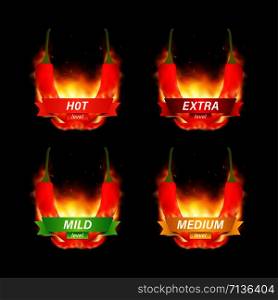 Hot red pepper strength scale indicator with mild, medium, hot and hell positions. Vector stock illustration.. Hot red pepper strength scale indicator with mild, medium, hot and hell positions. Vector illustration.