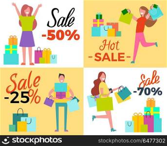 Hot Sale 50 Shopping Set Vector Illustration. Hot sale 50 shopping, set of four pictures depicting happy people with bags, boxes and gifts vector illustration isolated on white and yellow