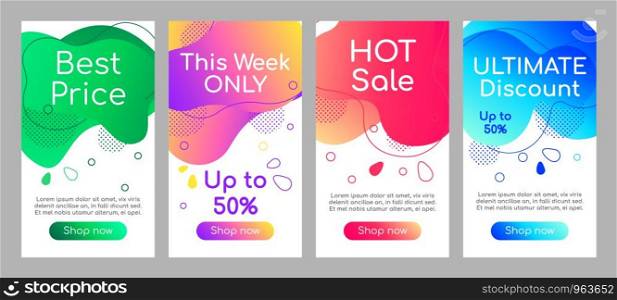 Hot sale abstract fluid mobile app screen mockup set. Discount, special offers web banner, social media stories, website design. Online store best price webpages template with liquid gradient shapes