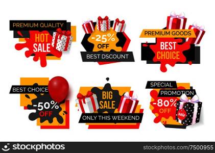 Hot sale and best discounts of shops promo banners set vector. Presents in boxes with decoration wrapping and bows. Clearance and sellout of stores. Hot Sale and Best Discounts of Shops Promo Banners