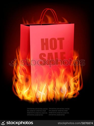 Hot sale background with shopping bag and fire. Vector.