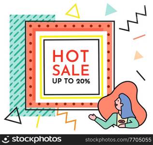 Hot sale banner with a smiling woman standing near advertising poster with lettering up to 20 . Smiling girl shows her hand to the broadsheet, discount shopping time, new season sale ultimate discount. Hot sale banner with a smiling woman standing near advertising poster with lettering up to 20
