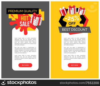 Hot sale best discount promo web pages with push button buy now. Website templates, text samples and gift boxes with price reduction offers vector. Hot Sale Best Discount Promo Web Pages Push Button