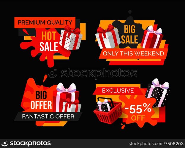 Hot sale, big offer on exclusive products set vector. Present boxes in shopping basket, promotional banners, sellout and clearance with price fall. Hot Sale, Big Offer on Exclusive Products Set