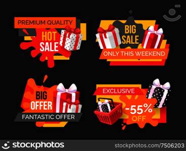 Hot sale, big offer on exclusive products set vector. Present boxes in shopping basket, promotional banners, sellout and clearance with price fall. Hot Sale, Big Offer on Exclusive Products Set