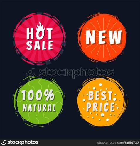 Hot sale new 100% natural best price promo stickers round labels set with brush strokes vector illustration stamps text isolated on blue background. Hot Sale New 100% Natural Best Price Promo Stickers