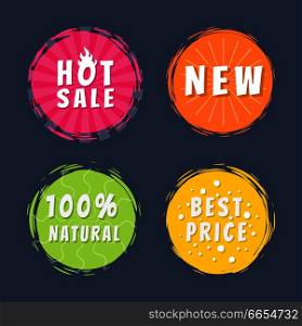 Hot sale new 100% natural best price promo stickers round labels set with brush strokes vector illustration stamps text isolated on blue background. Hot Sale New 100% Natural Best Price Promo Stickers