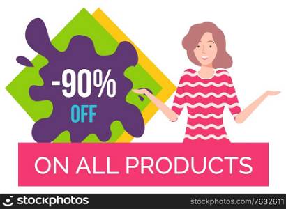 Hot sale on products of premium quality. Good deal for people. Happy brunette girl offering. Best price with discount on sale store. Woman on black friday sale. White background vector illustration. Hot Sale, Premium Quality of Products, Woman Offer
