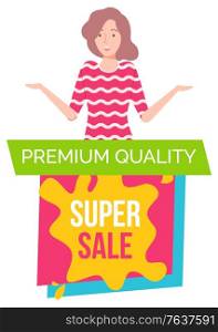 Hot sale on products of premium quality. Good deal for people. Happy brunette girl offering. Best price with discount on sale store. Woman on black friday sale. White background vector illustration. Hot Sale, Premium Quality of Products, Woman Offer