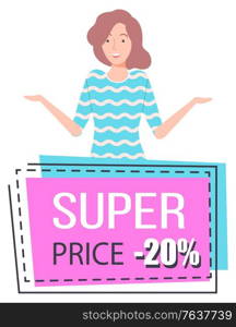 Hot sale on products of premium quality. Good deal for people. Happy brunette girl offering. Best price with discount on sale store. Woman on black friday sale. White background vector illustration. Hot Sale, Premium Quality of Products, Woman Offer