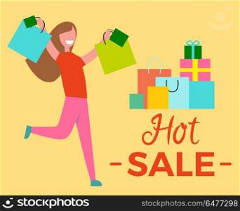 Hot Sale Woman Raising Hands Vector Illustration. Hot sale, picture representing lone woman with raised hands with packets in them beside gifts vector illustration isolated on yellow
