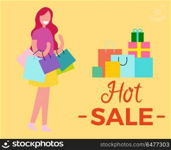 Hot Sale Woman with Bags Vector Illustration.. Hot sale woman standing and smiling with bags in her hands beside the text and image of gifts and packages vector illustration isolated on yellow