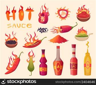 Hot sauce. Cartoon ingredients for delicious food green and red hot pepper with fire flame bottles with liquid burn souce nature mayonez vector collection. Illustration of sauce hot, chili spice. Hot sauce. Cartoon ingredients for delicious food green and red hot pepper with fire flame bottles with liquid burn souce nature mayonez exact vector pictures collection