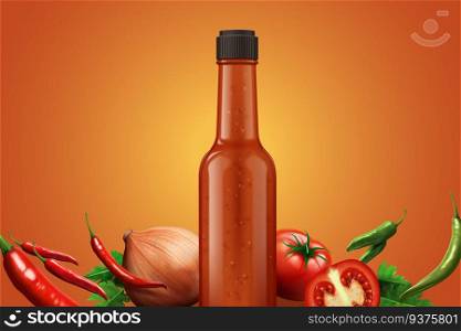 Hot sauce glass bottle with fresh ingredients in 3d illustration. Hot sauce glass bottle