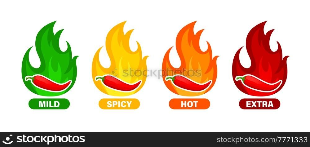 Hot spicy level labels. Pepper chili, cayenne or jalapeno vector labels with fire flames of red, green, orange and yellow colors. Extra, spicy, hot and mild strength savory food isolated icons. Hot spicy level labels, chili, cayenne or jalapeno