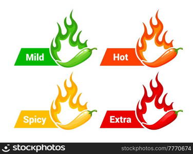 Hot spicy level labels with fire flames and peppers, mild, medium and extra hot spicy vector scale. Food spicy taste level icons with burning flame of chili pepper, jalapeno or tabasco sauce. Hot spicy level labels, fire flames and peppers