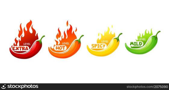 Hot spicy level of chili, cayenne or jalapeno pepper vector icons with fire flames of red, green, orange and yellow colors. Spicy food emblems extra, spicy, hot and mild strength isolated set. Hot spicy level of chili, cayenne, jalapeno pepper