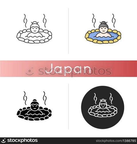 Hot spring icon. Japanese onsen. Spa resort for recreation. Warm volcanic pool for resting. Outdoor geothermal resort. Linear black and RGB color styles. Isolated vector illustrations. Hot spring icon. Japanese onsen