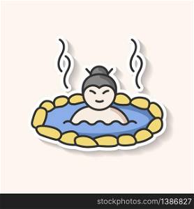 Hot spring patch. Man soak in japanese onsen. Spa resort for recreation. Volcanic pool for resting. Outdoor geothermal resort. RGB color printable sticker. Vector isolated illustration. Hot spring patch. Man soak in japanese onsen