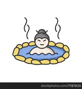 Hot spring RGB color icon. Japanese onsen. Asian spa resort for recreation. Person in warm volcanic pool for resting. Outdoor geothermal resort for relaxation. Isolated vector illustration